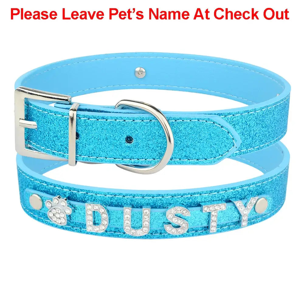 Bright blue glittery dog collar with customizable name letters.