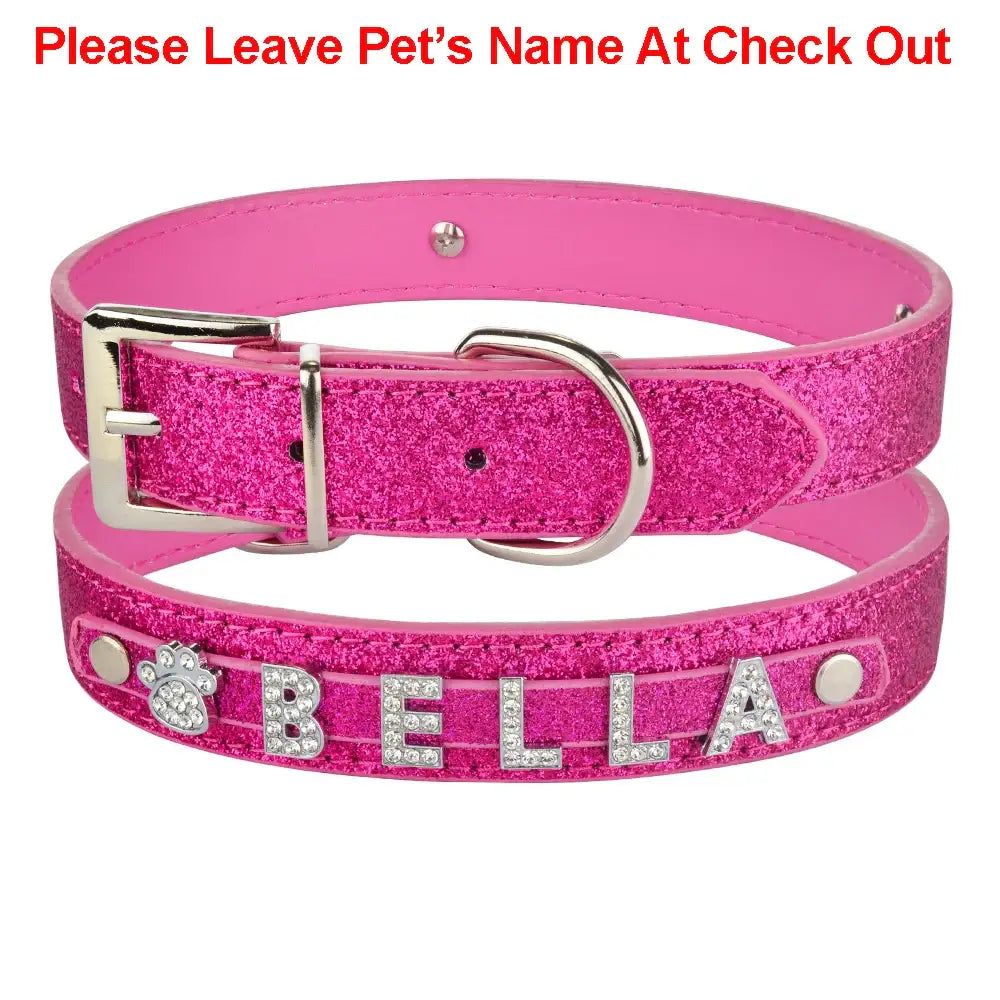 Bright pink glittery dog collar with customizable name letters.