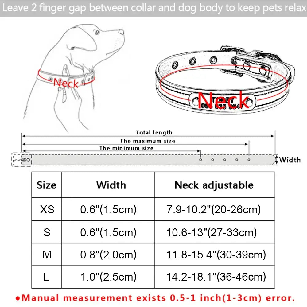 Dog collar with sizing chart and fitting instructions.