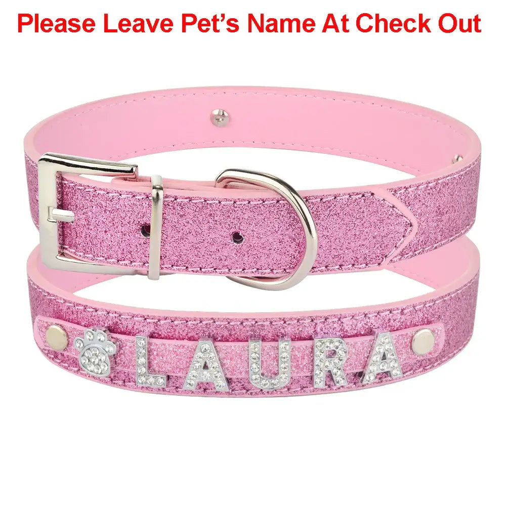 Pink glittery dog collar with customizable name letters.