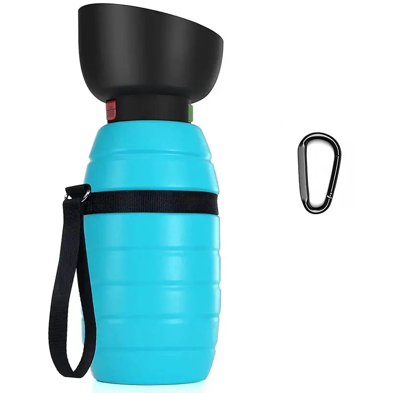 Portable blue water bottle with a black lid and attached strap.