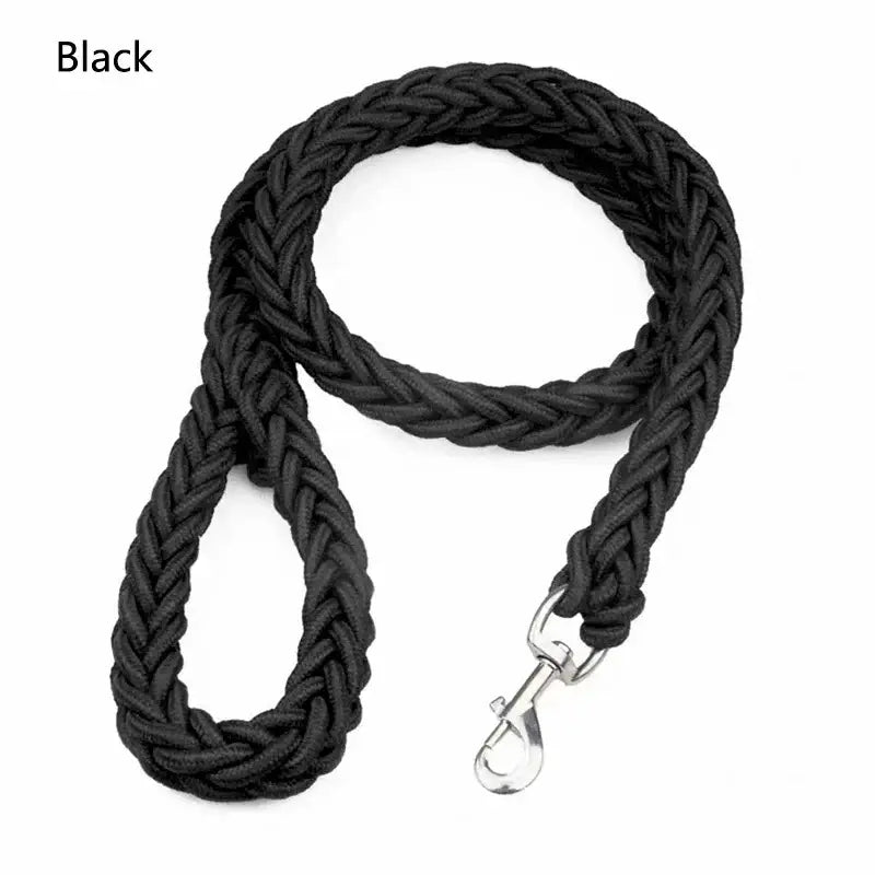 Black braided rope leash with a metal clip attachment.