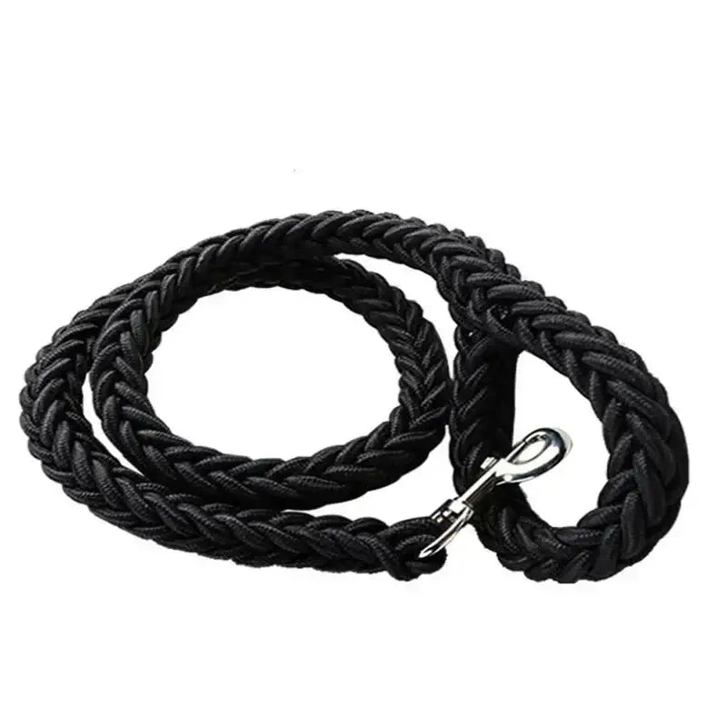 Black braided rope leash with a metal clip attachment.