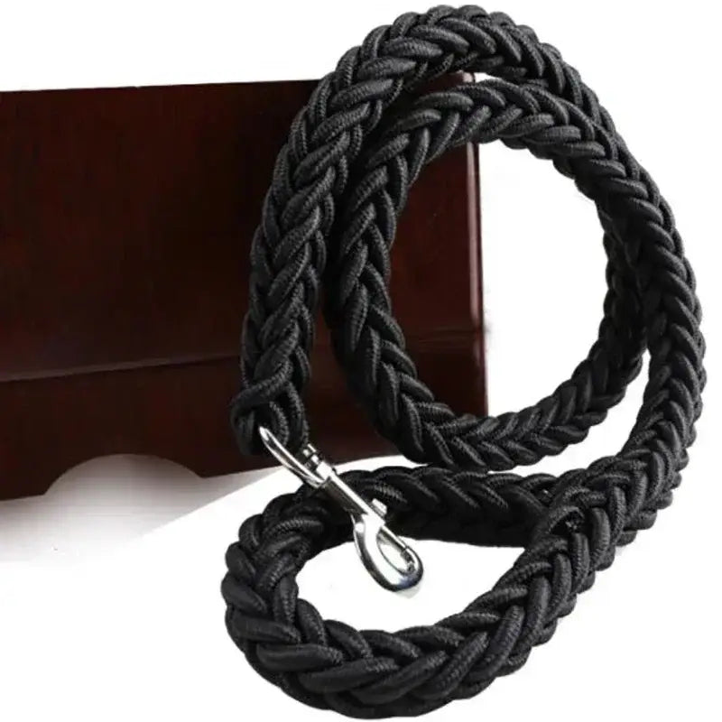 Black braided rope leash with a metal clip attachment.