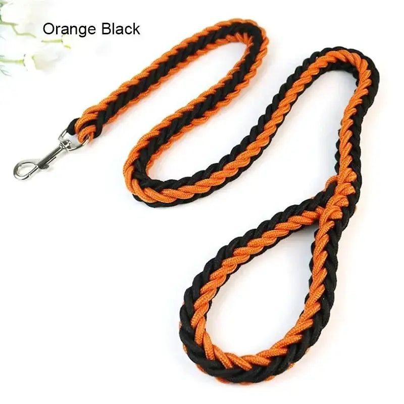 Braided orange and black rope leash with a metal clip attachment.