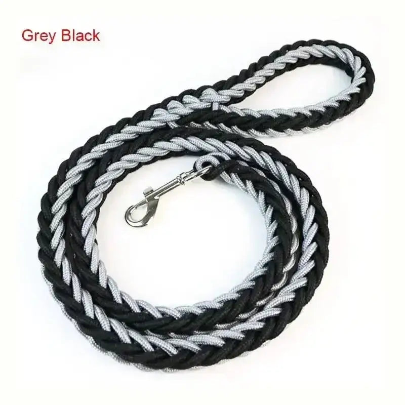 Braided rope dog leash in grey and black with a metal clip.