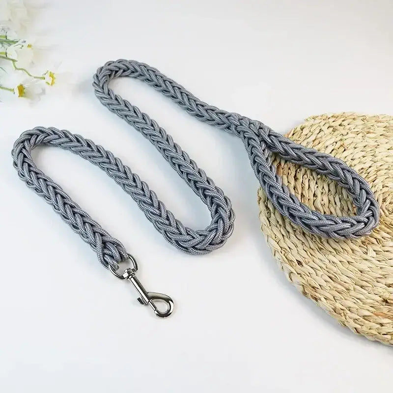 Gray braided rope leash with a metal clip attached to one end.