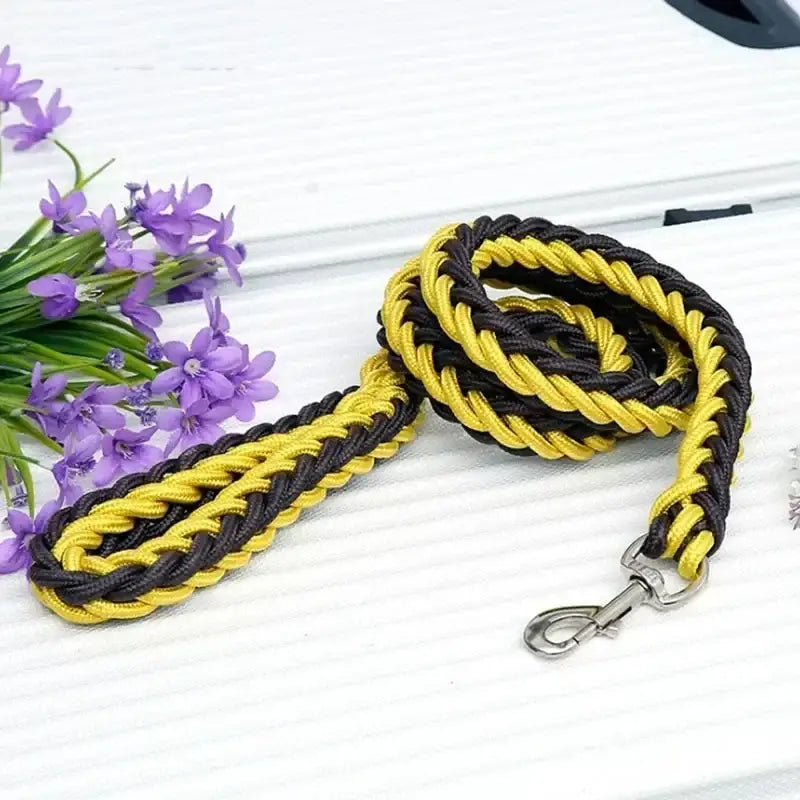 Yellow and black braided rope leash with a metal clip at one end.