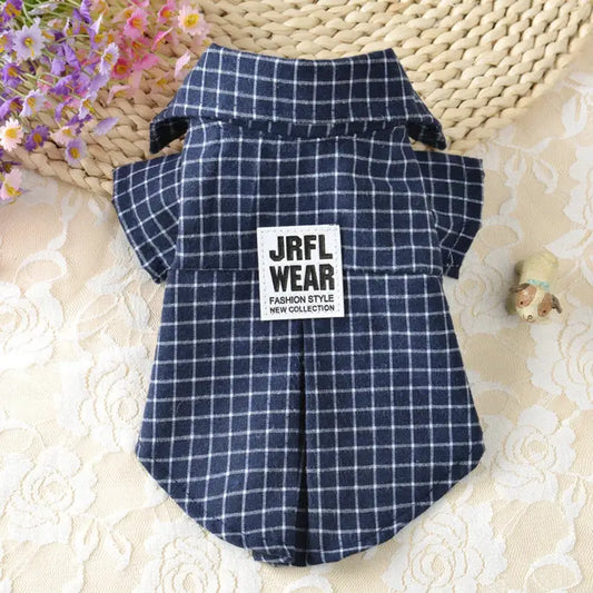 Plaid dog shirt with ’JRFL WEAR’ logo patch.