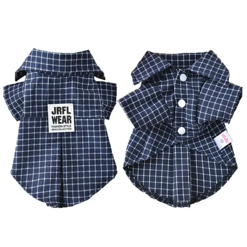 Plaid dog shirt with ’JRFL WEAR’ logo and button-up back.