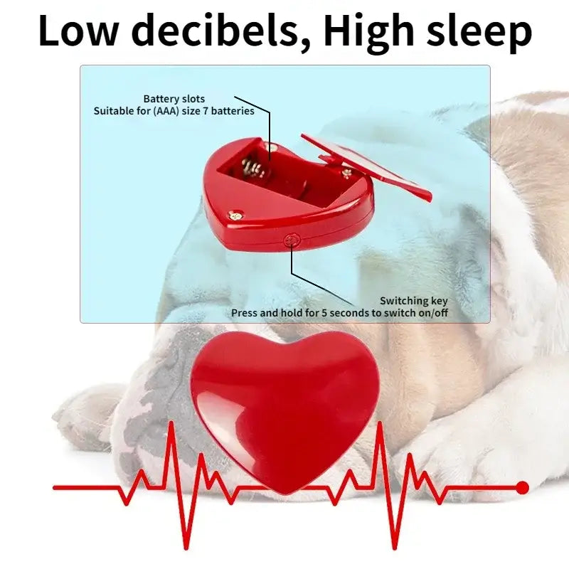 Heart-shaped red device with a battery compartment and switch, likely for sleep or relaxation purposes.