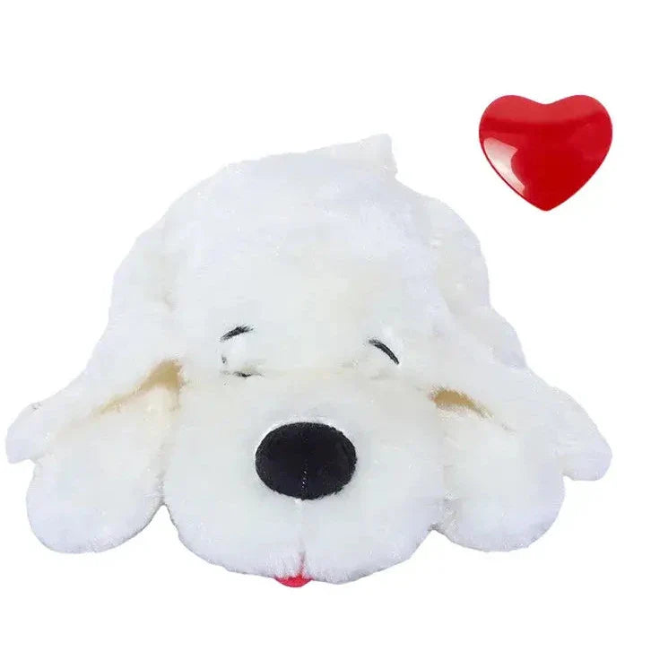 Plush white dog toy with closed eyes and a red heart floating nearby.