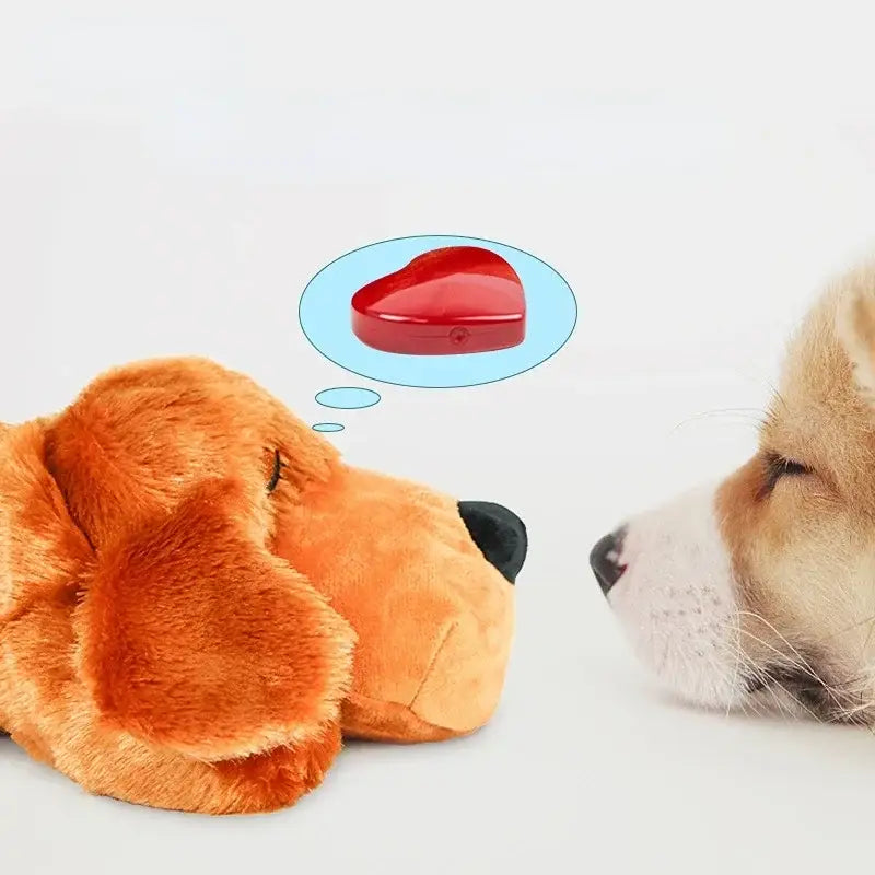 Two dogs, one a stuffed toy and one real, with a thought bubble containing a heart-shaped object above the toy dog.