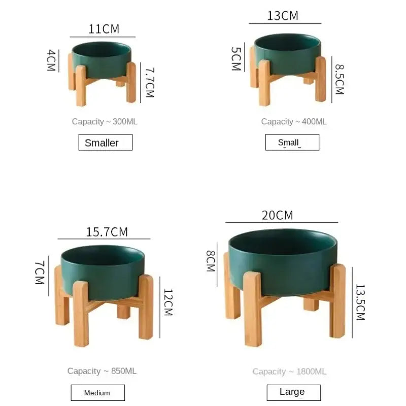 Elevated green plant pots with wooden stands in various sizes.