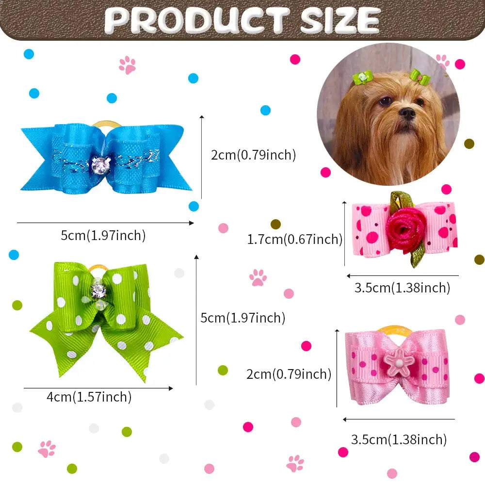 Product size chart for dog hair bows in various colors and patterns.