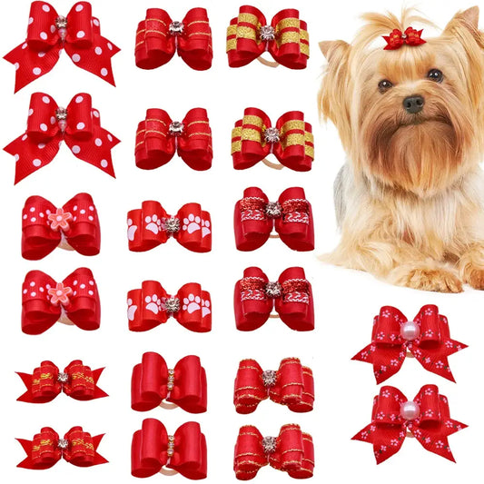 Yorkshire Terrier dog with a red bow in its hair, alongside an array of various red hair bows and accessories.