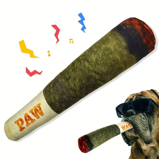 Dog toy shaped like a marijuana joint with ’PAW’ written on it.