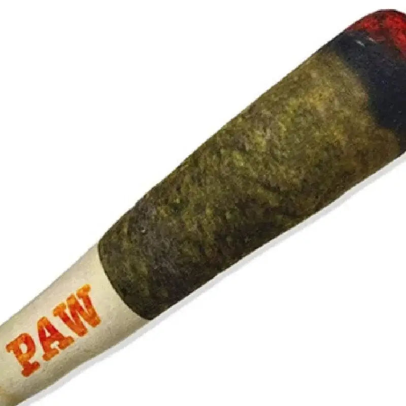 Partially smoked marijuana joint with ’RAW’ printed on the rolling paper.