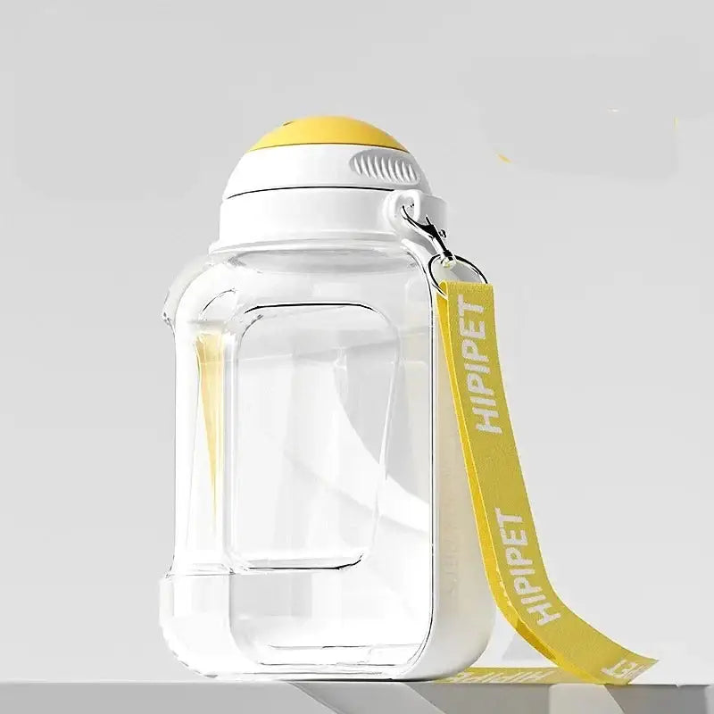 Clear plastic water bottle with a yellow cap and attached yellow strap labeled ’HYPPET’.