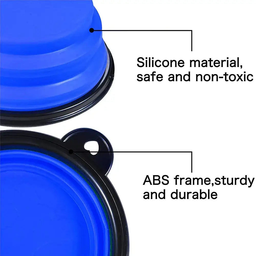 Collapsible blue silicone pet bowl with a black ABS frame.