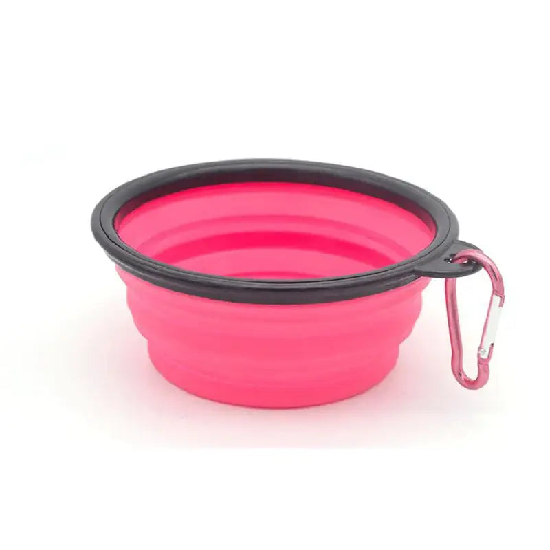 Collapsible pink silicone pet bowl with a black rim and attached carabiner clip.