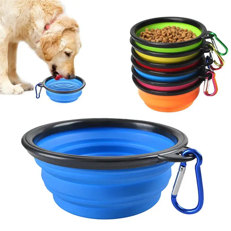 Collapsible silicone pet bowl with a carabiner clip attached.