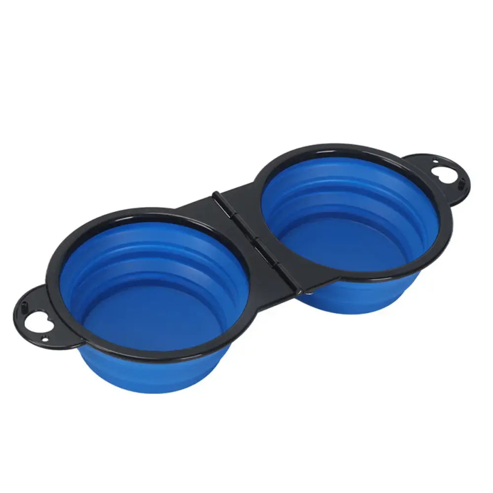 Collapsible blue silicone pet bowls connected by a black frame.