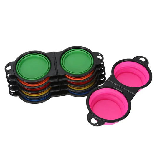 Collapsible silicone pet bowls in various bright colors.