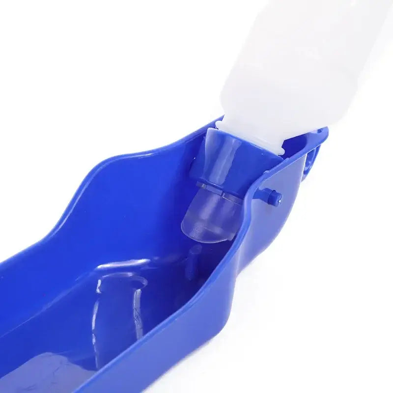 Blue plastic water bottle or drink dispenser for small animals.