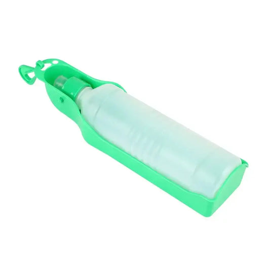 Portable plastic water bottle for pets with a folding drinking tray in bright green color.