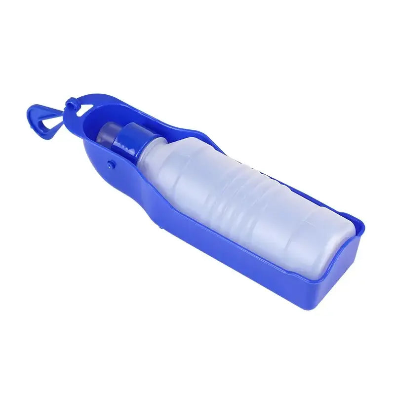 Portable plastic water bottle with a blue outer casing and white inner container.