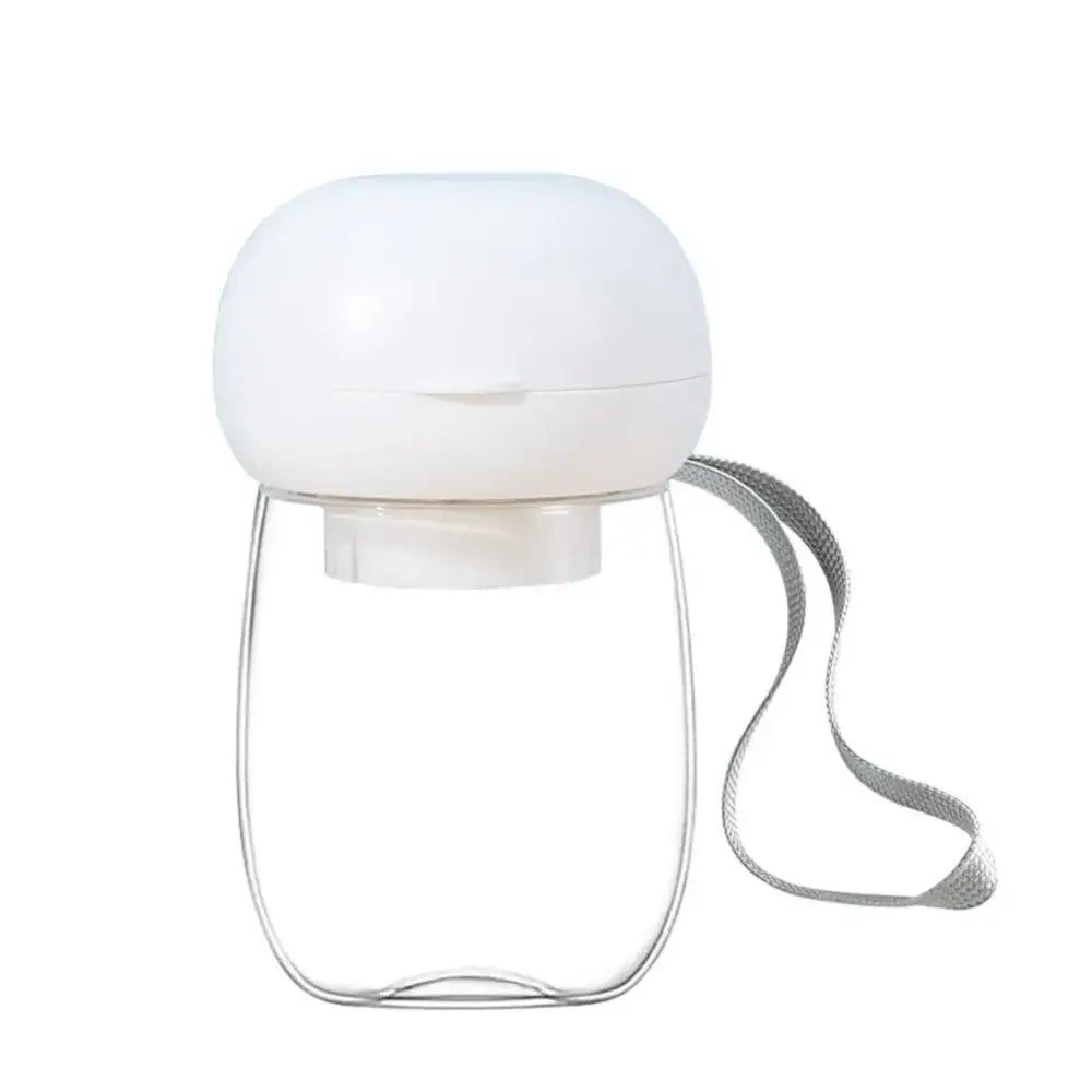 Portable white mushroom-shaped lamp with a metal handle and strap.