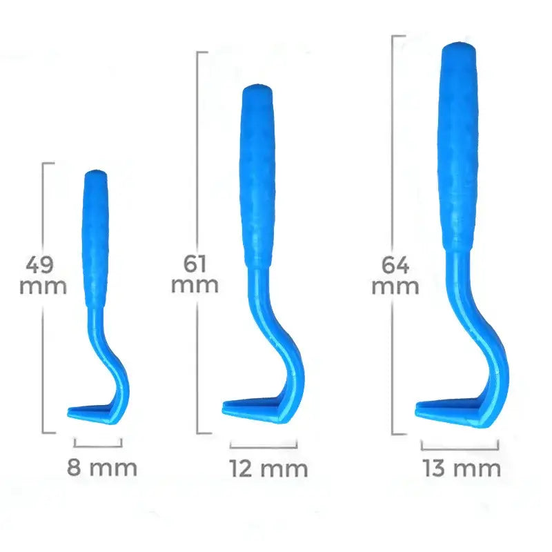 Blue plastic or silicone eyelash curlers in three different sizes.