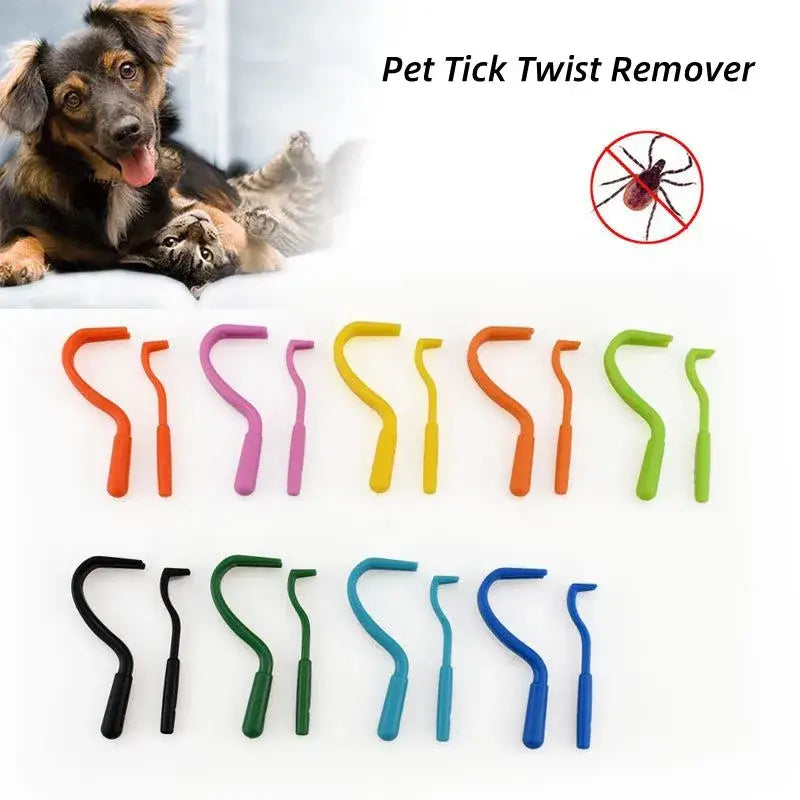 Colorful plastic hook-shaped tools for removing ticks from pets.