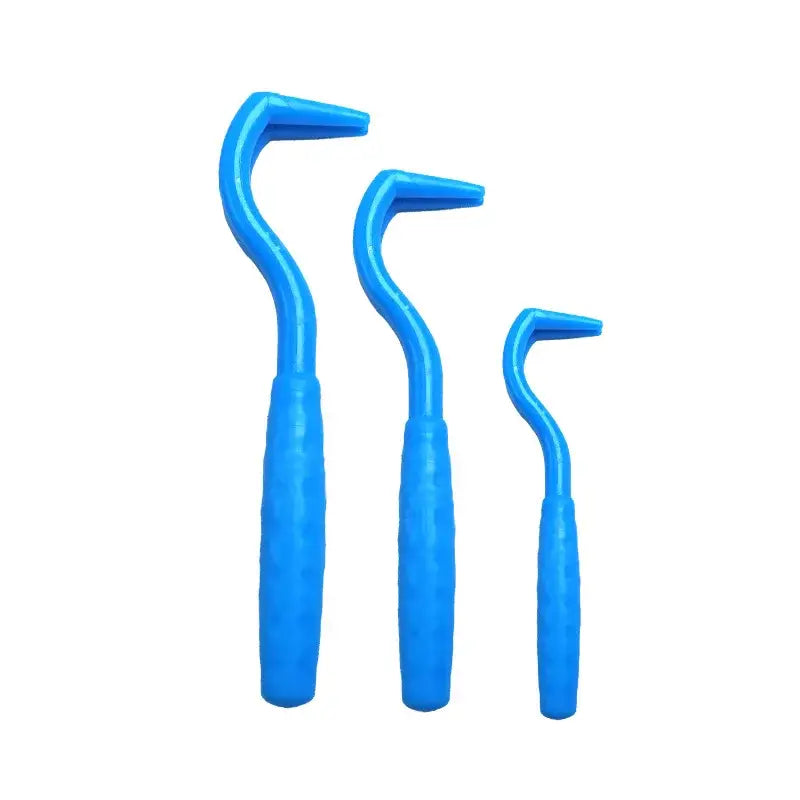 Set of three blue interdental brushes with curved handles.