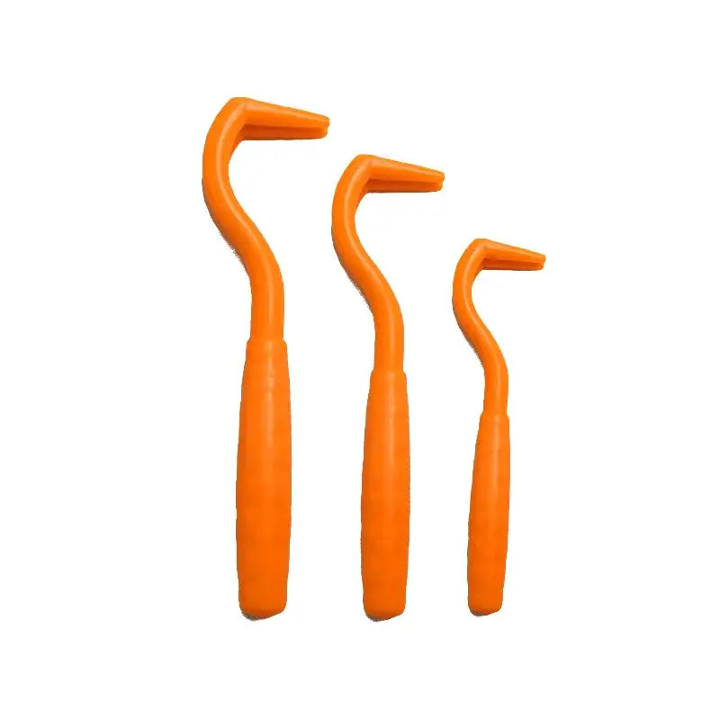 Set of three orange plastic dental floss picks in descending sizes.