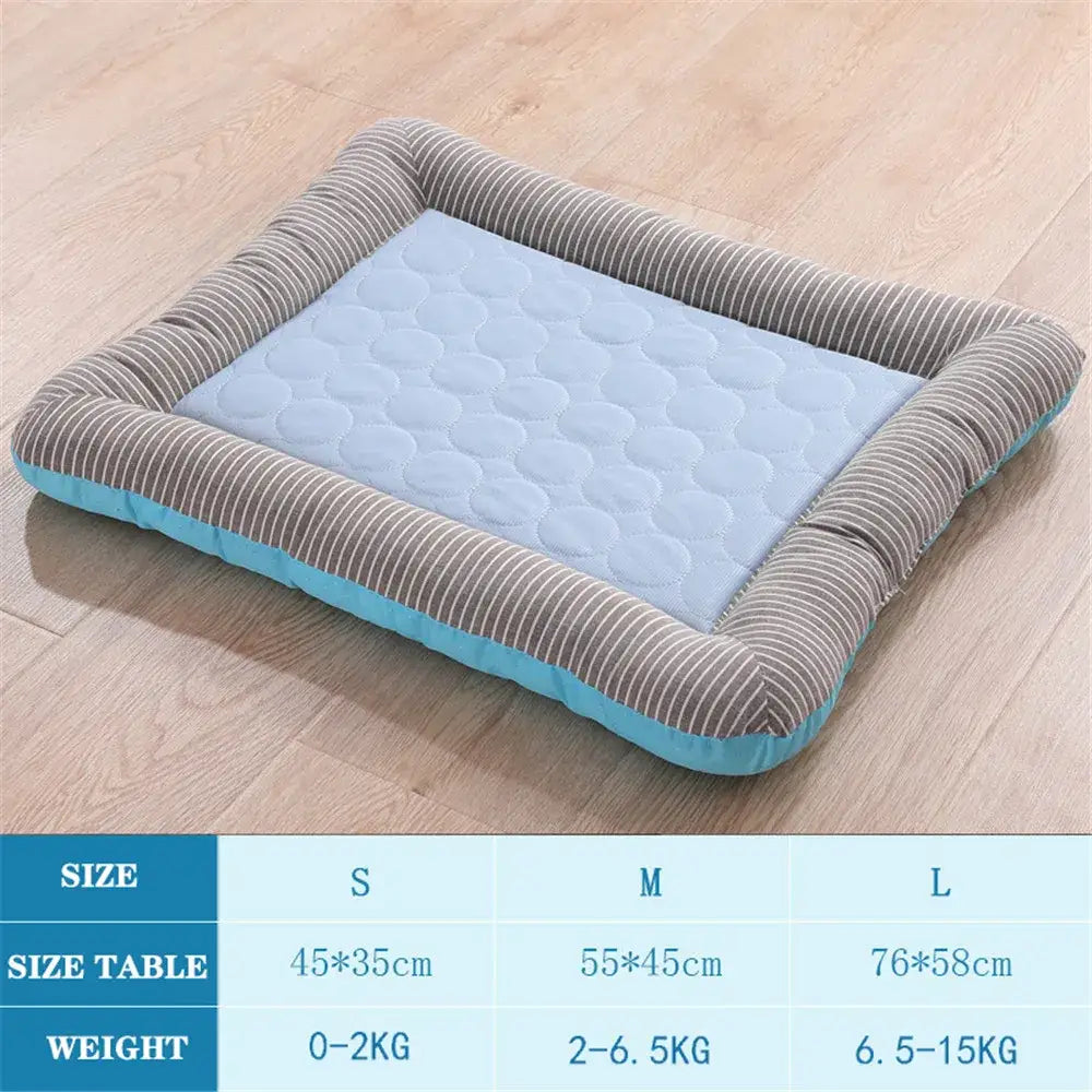 Pet bed with a corduroy border and light blue cushioned center.