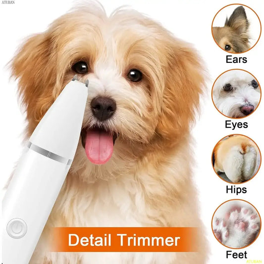 Smiling dog with a white trimmer device held near its face.