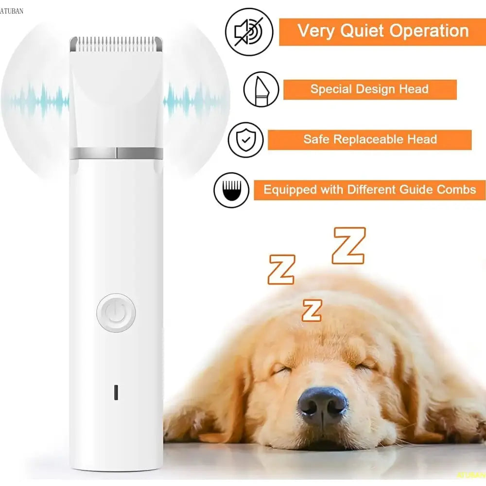 Electric pet hair trimmer or grooming device with multiple features highlighted.