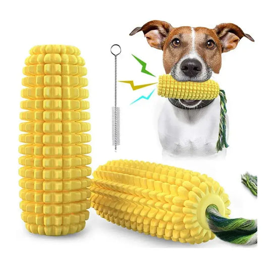 Corn-shaped rubber dog chew toy.