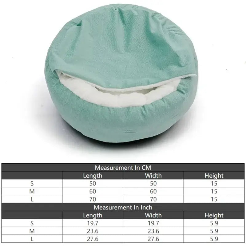 Mint green circular pet bed with a white interior lining.