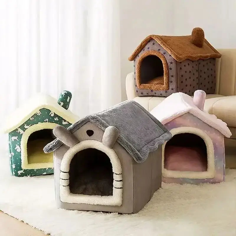 Collection of colorful pet houses or kennels in various designs.