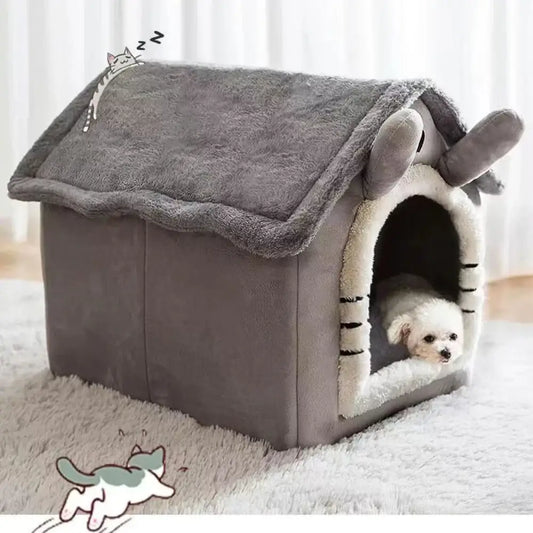 Cozy gray pet house with a soft, plush exterior and a small dog peeking out from inside.