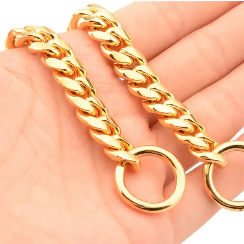 Gold chain bracelet with circular end loops.