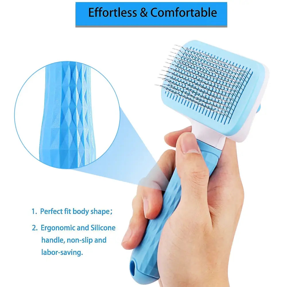 Blue pet grooming brush with silicone handle and bristles.