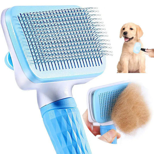 Dog grooming brush with a blue and white handle and metal bristles.