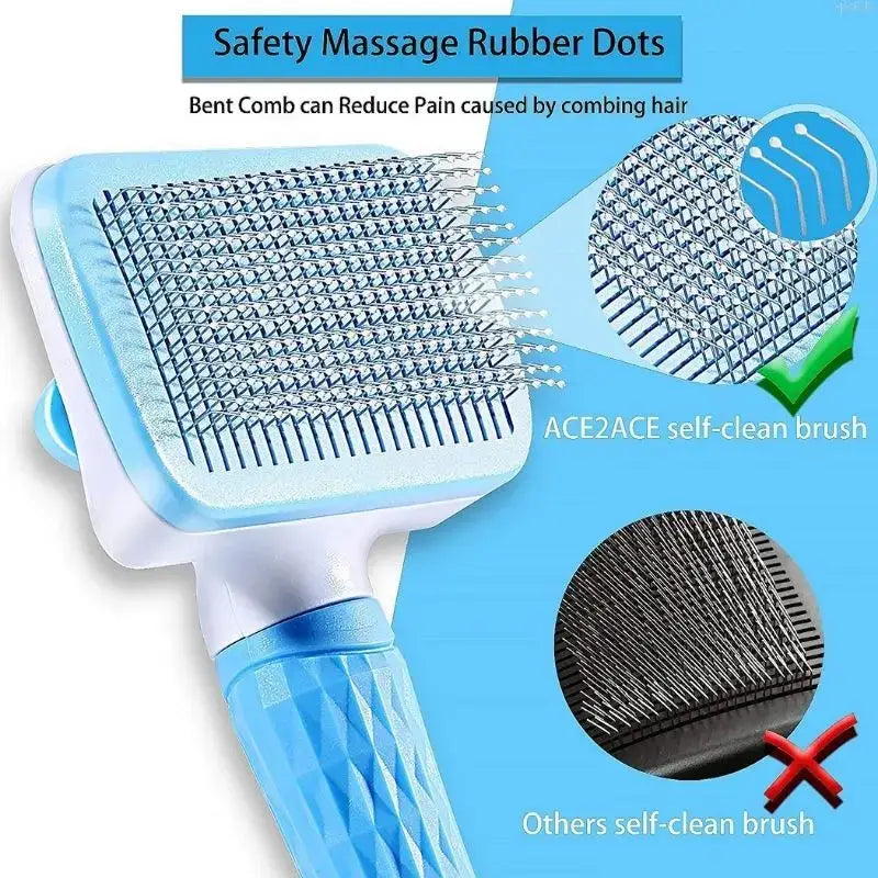 Pet grooming brush with safety massage rubber dots and a bent comb design.