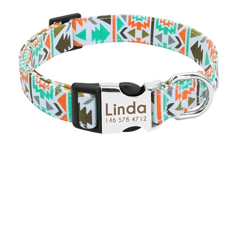 Colorful patterned dog collar with a personalized name tag and size chart.