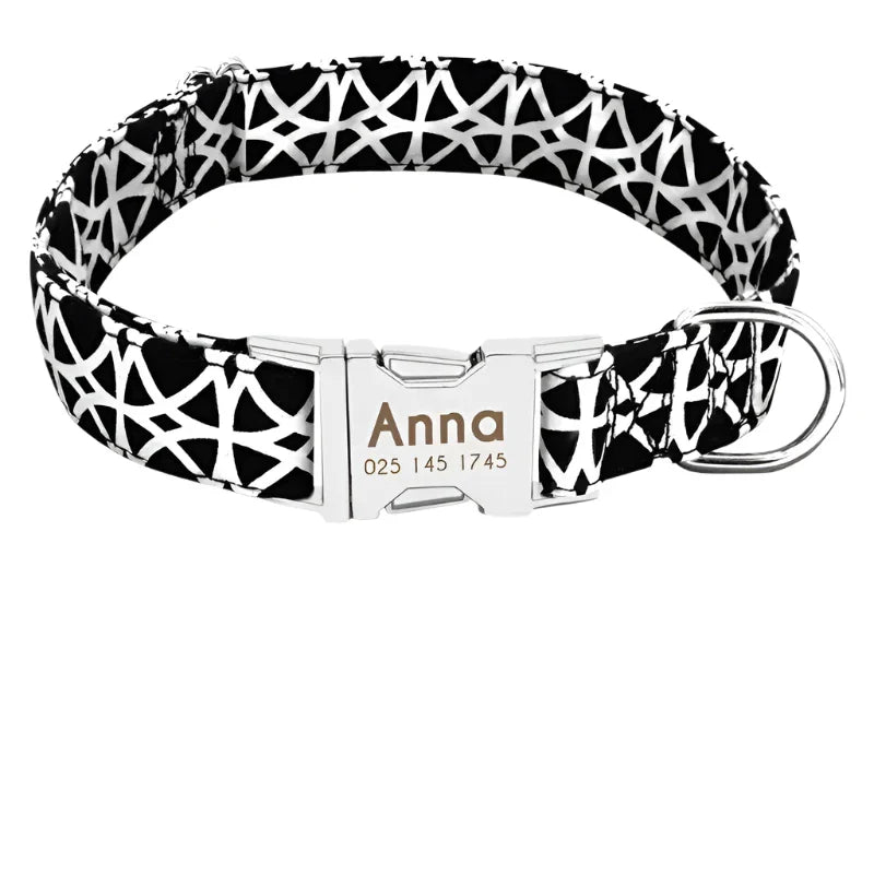 Dog collar with a geometric black and white pattern and a personalized metal tag.