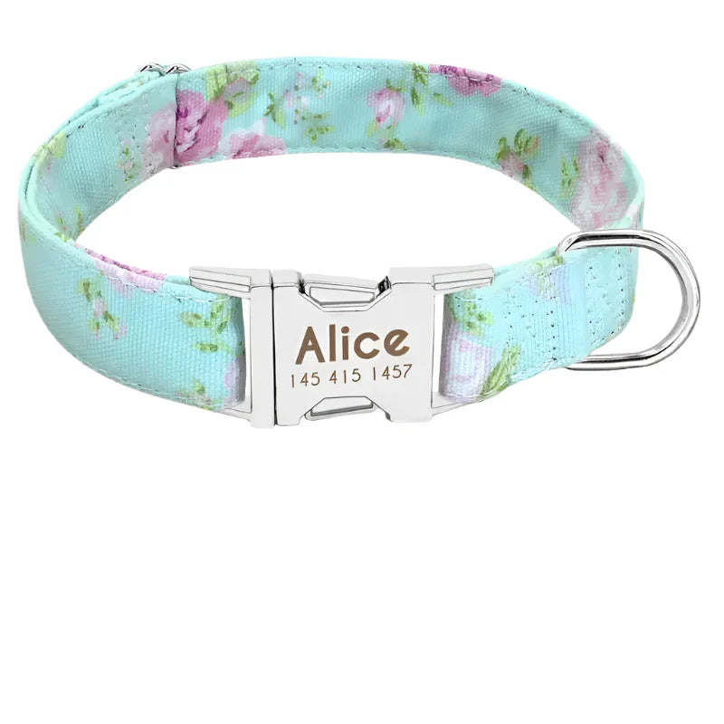 Floral patterned dog collar with a personalized metal nameplate and size chart.